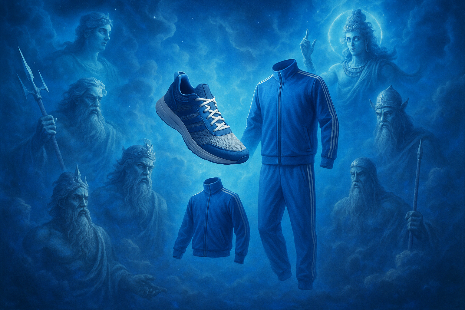 shoes and tracksuits in a blue crazy beautiful world full of gods 